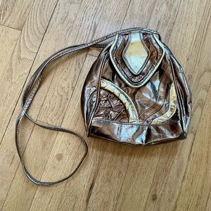 Shiny Metallic Gold- and Copper-colored Leather Handbag